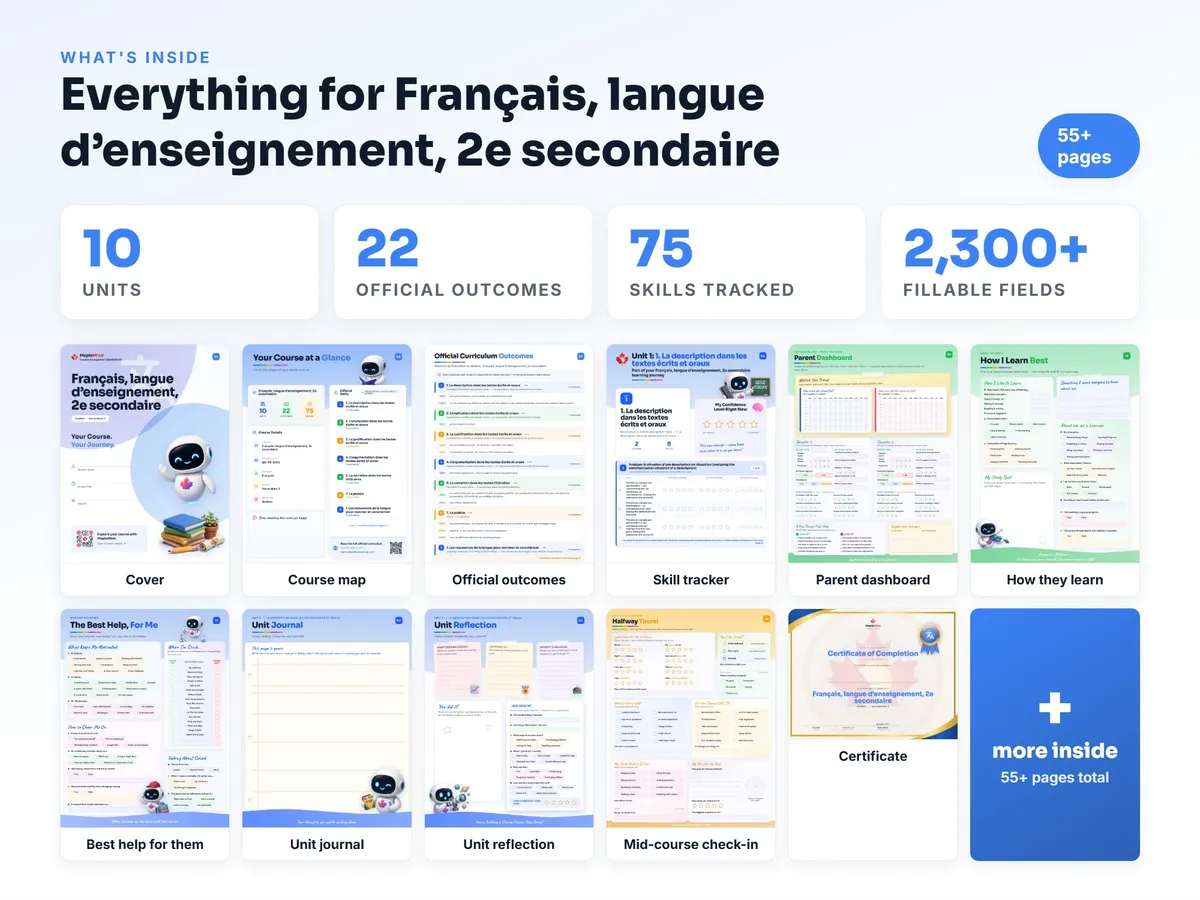 What's inside the Français, langue d’enseignement, 2e secondaire workbook — checklist, skills tracker, reflections, parent pages and certificate