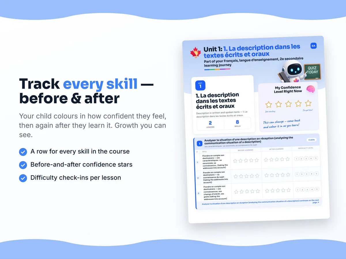 Student self-assessment tracker — before and after confidence rating for each Français, langue d’enseignement, 2e secondaire skill