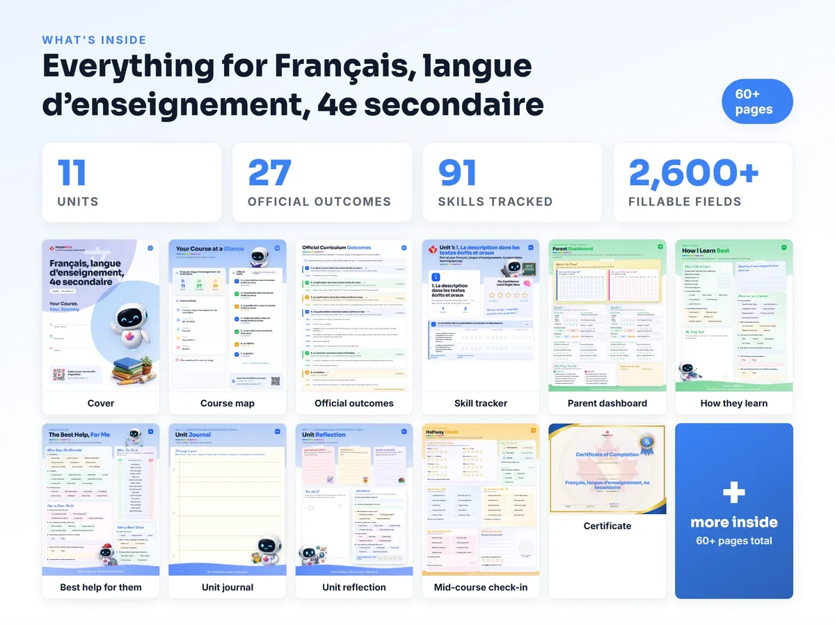 What's inside the Français, langue d’enseignement, 4e secondaire workbook — checklist, skills tracker, reflections, parent pages and certificate