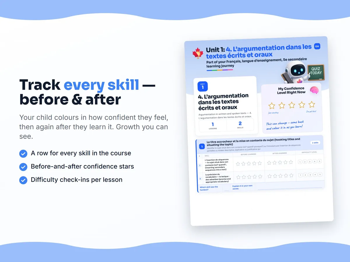 Student self-assessment tracker — before and after confidence rating for each Français, langue d’enseignement, 5e secondaire skill