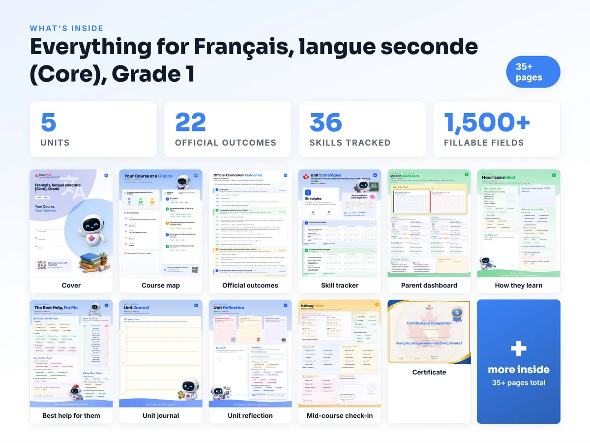 What's inside the Français, langue seconde (Core), Grade 1 workbook — checklist, skills tracker, reflections, parent pages and certificate