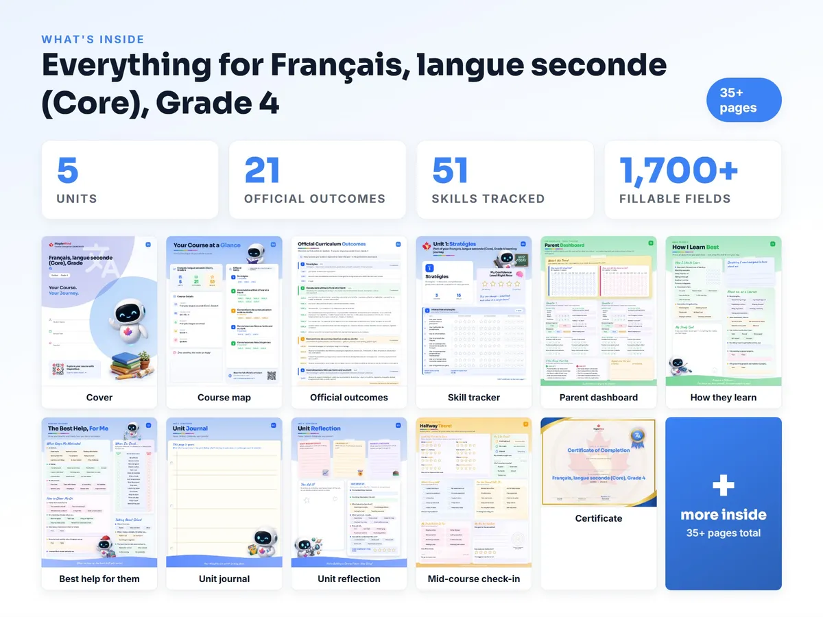 What's inside the Français, langue seconde (Core), Grade 4 workbook — checklist, skills tracker, reflections, parent pages and certificate