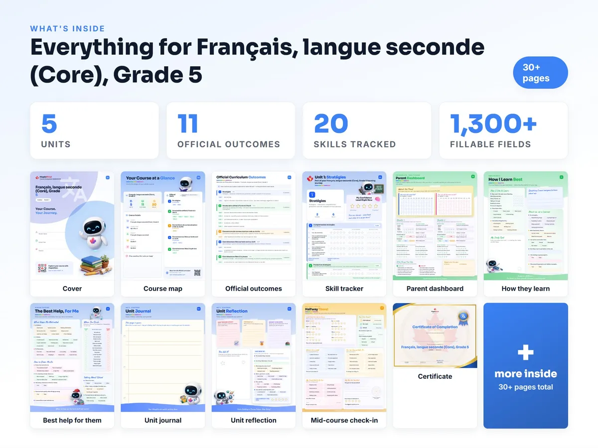 What's inside the Français, langue seconde (Core), Grade 5 workbook — checklist, skills tracker, reflections, parent pages and certificate