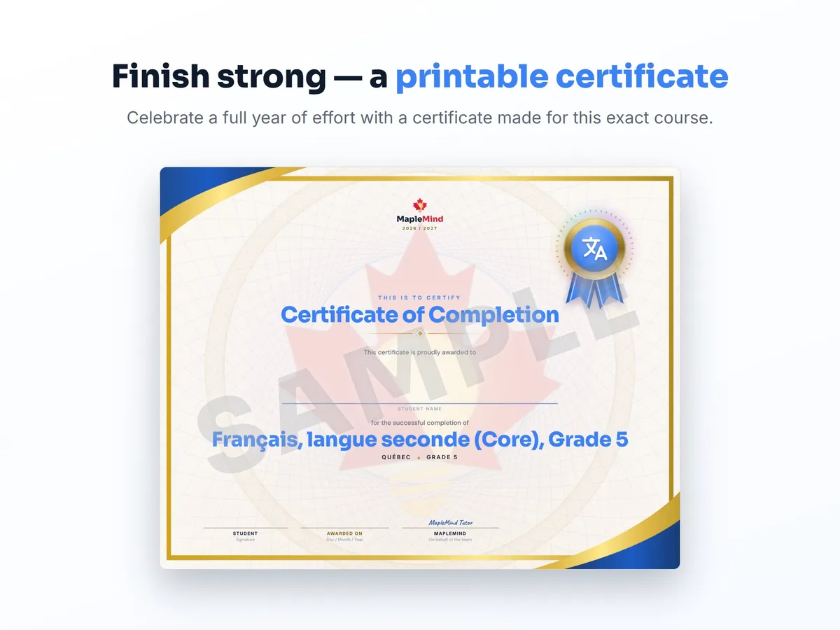 Printable certificate of completion for Français, langue seconde (Core), Grade 5 — end of year student award