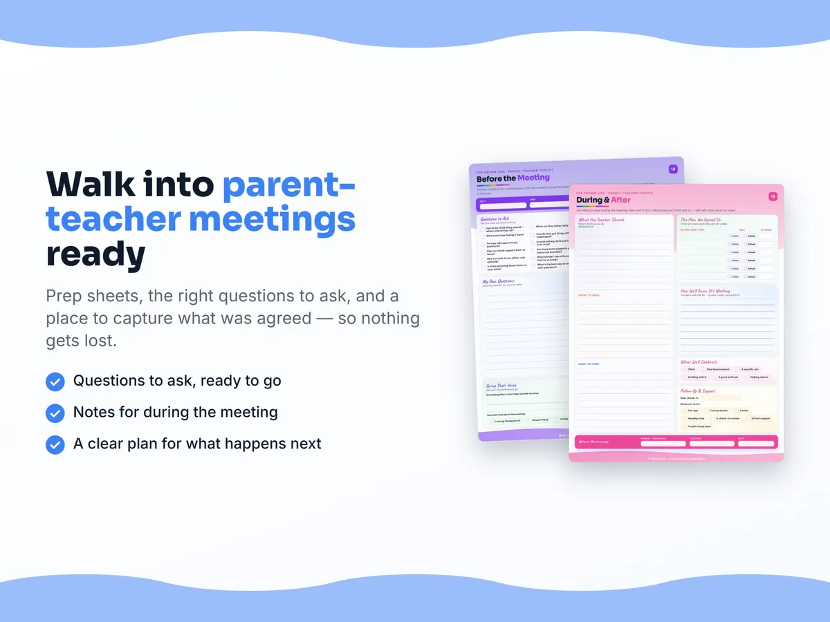 Parent-teacher conference form — the questions to ask and space for what you agreed, for Français, langue seconde (Core), Secondary 2