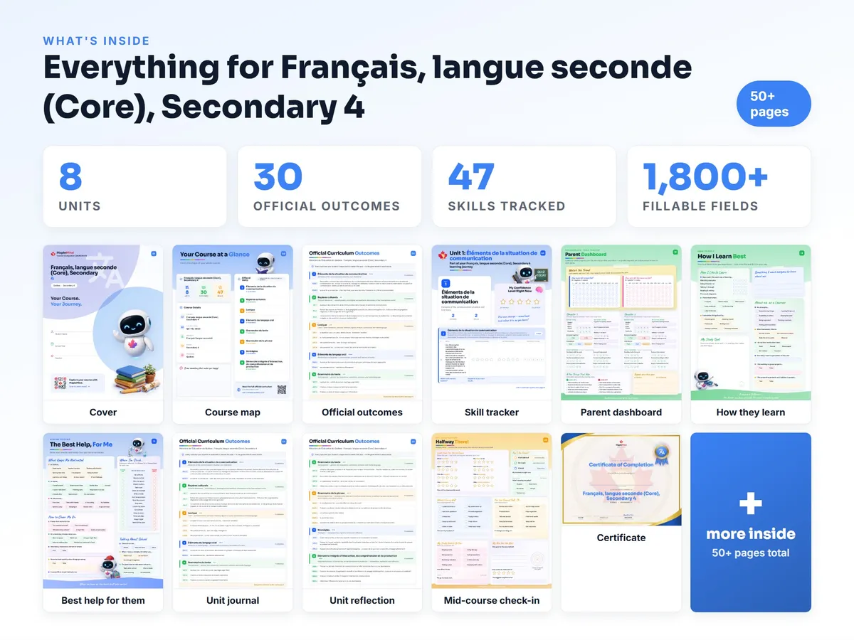 What's inside the Français, langue seconde (Core), Secondary 4 workbook — checklist, skills tracker, reflections, parent pages and certificate