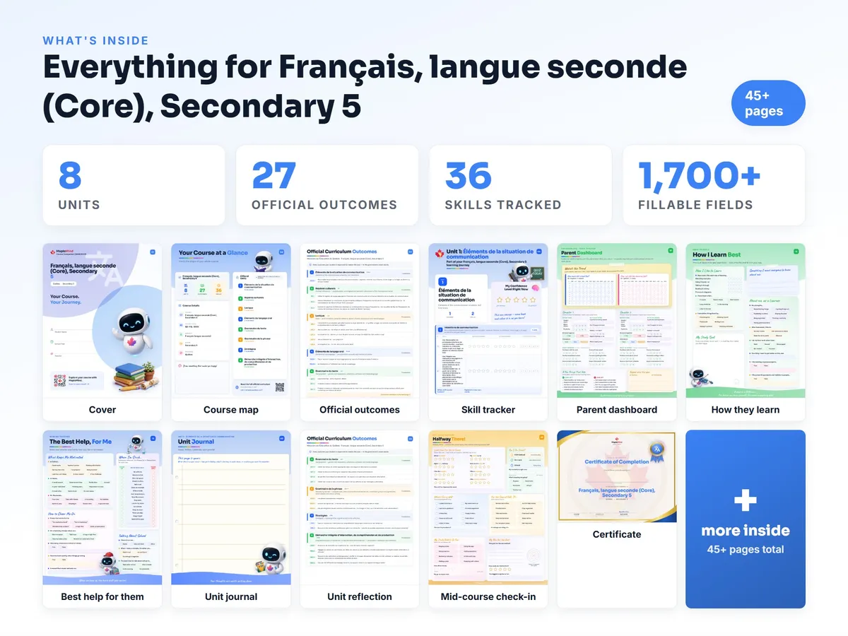 What's inside the Français, langue seconde (Core), Secondary 5 workbook — checklist, skills tracker, reflections, parent pages and certificate