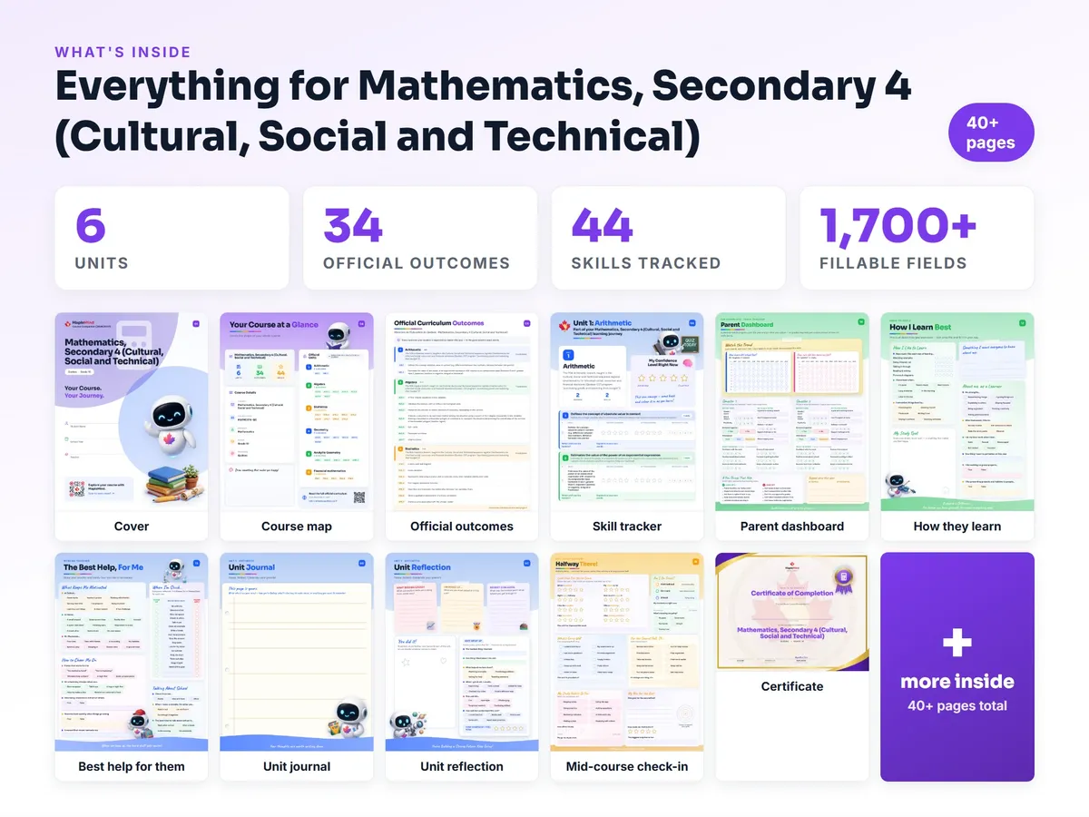 What's inside the Mathematics, Secondary 4 (Cultural, Social and Technical) workbook — checklist, skills tracker, reflections, parent pages and certificate