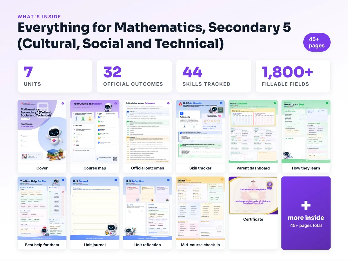 What's inside the Mathematics, Secondary 5 (Cultural, Social and Technical) workbook — checklist, skills tracker, reflections, parent pages and certificate