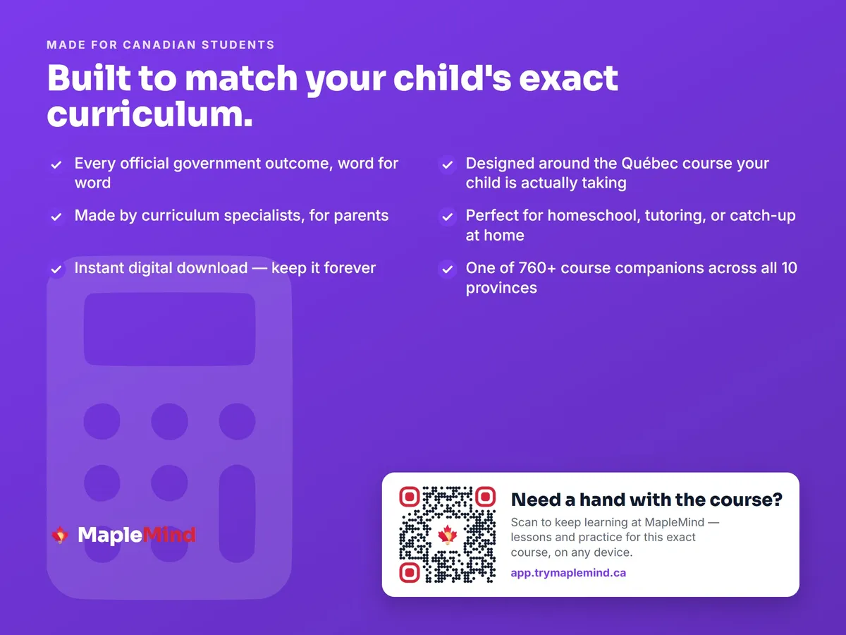 Homeschool portfolio record for Mathematics, Secondary 2 — Quebec curriculum outcomes in exact wording, dated as you go