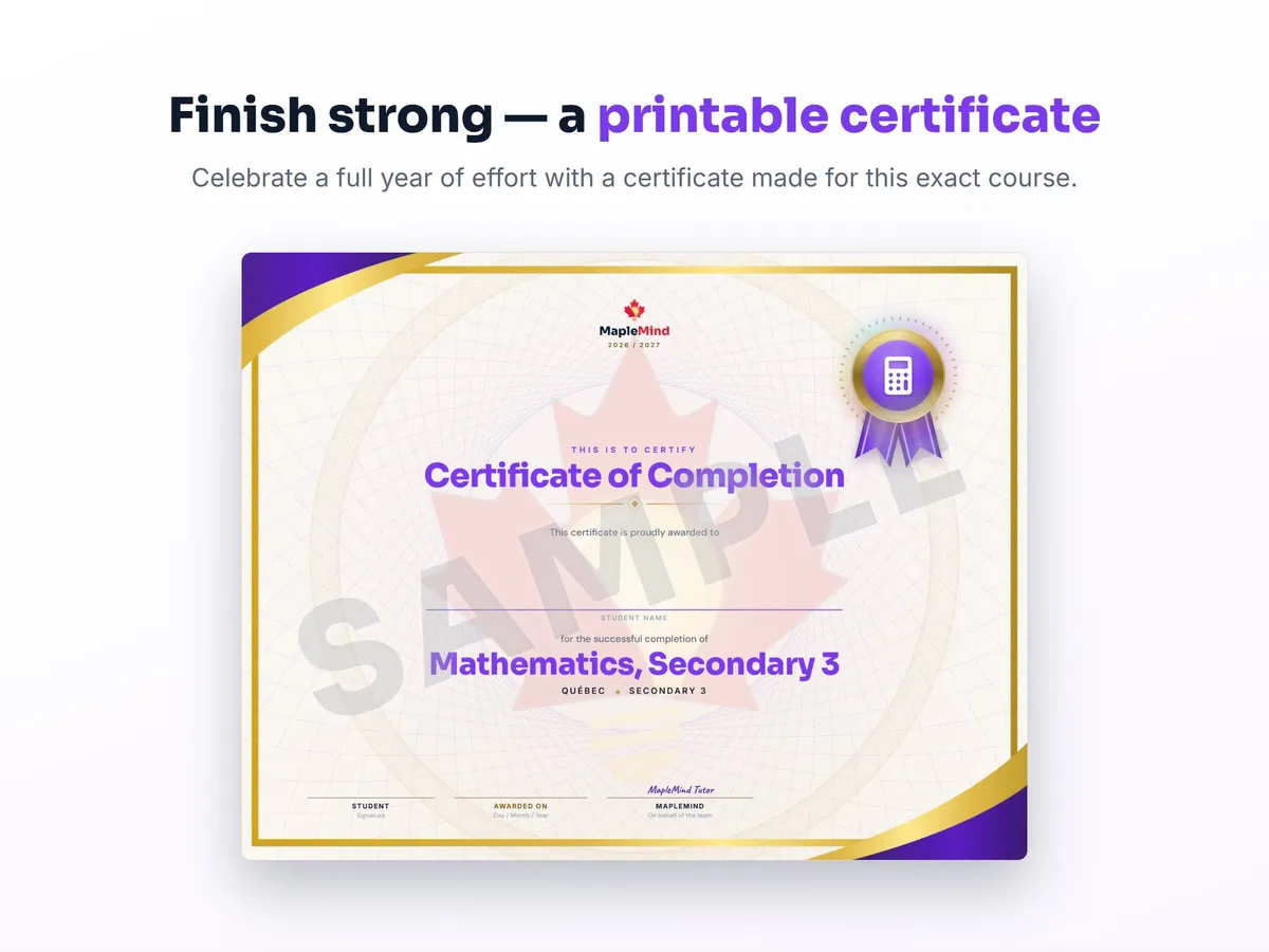 Printable certificate of completion for Mathematics, Secondary 3 — end of year student award