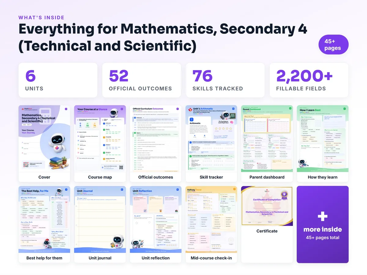 What's inside the Mathematics, Secondary 4 (Technical and Scientific) workbook — checklist, skills tracker, reflections, parent pages and certificate
