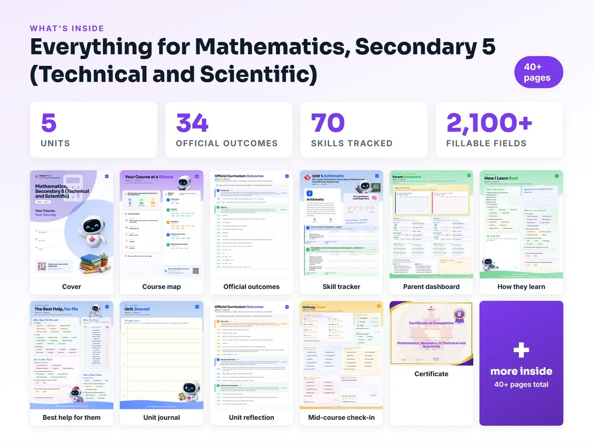 What's inside the Mathematics, Secondary 5 (Technical and Scientific) workbook — checklist, skills tracker, reflections, parent pages and certificate