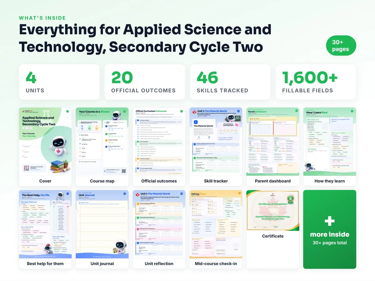 What's inside the Applied Science and Technology, Secondary Cycle Two workbook — checklist, skills tracker, reflections, parent pages and certificate