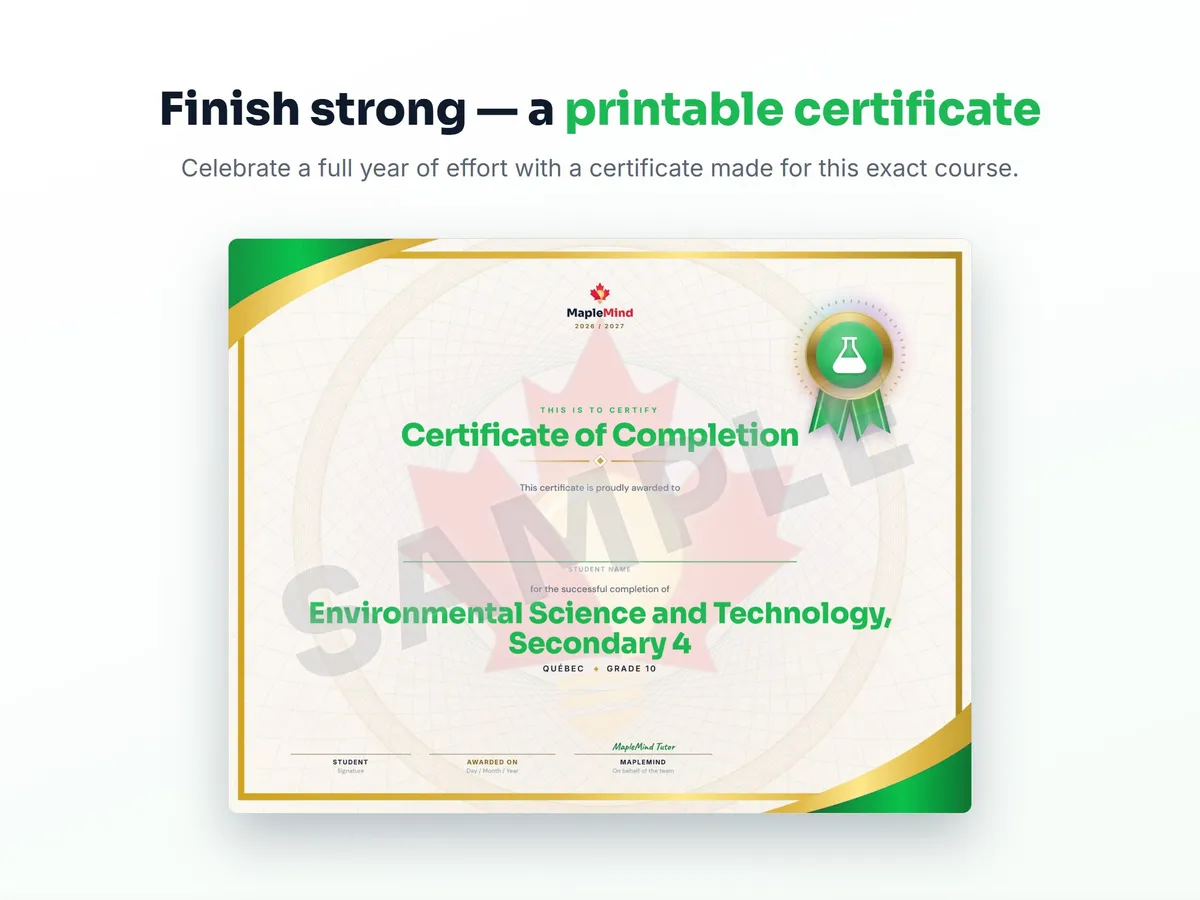 Printable certificate of completion for Environmental Science and Technology, Secondary 4 — end of year student award