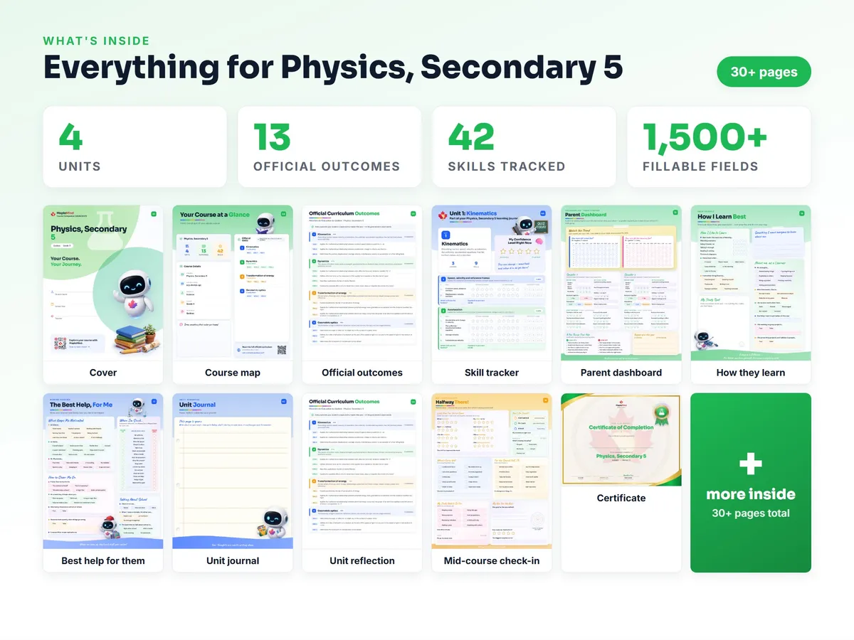 What's inside the Physics, Secondary 5 workbook — checklist, skills tracker, reflections, parent pages and certificate