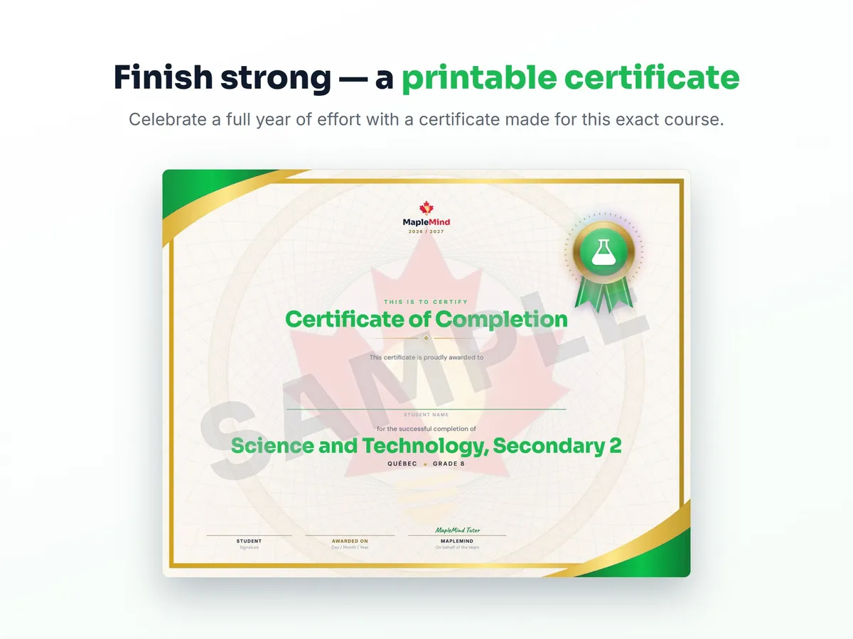 Printable certificate of completion for Science and Technology, Secondary 2 — end of year student award