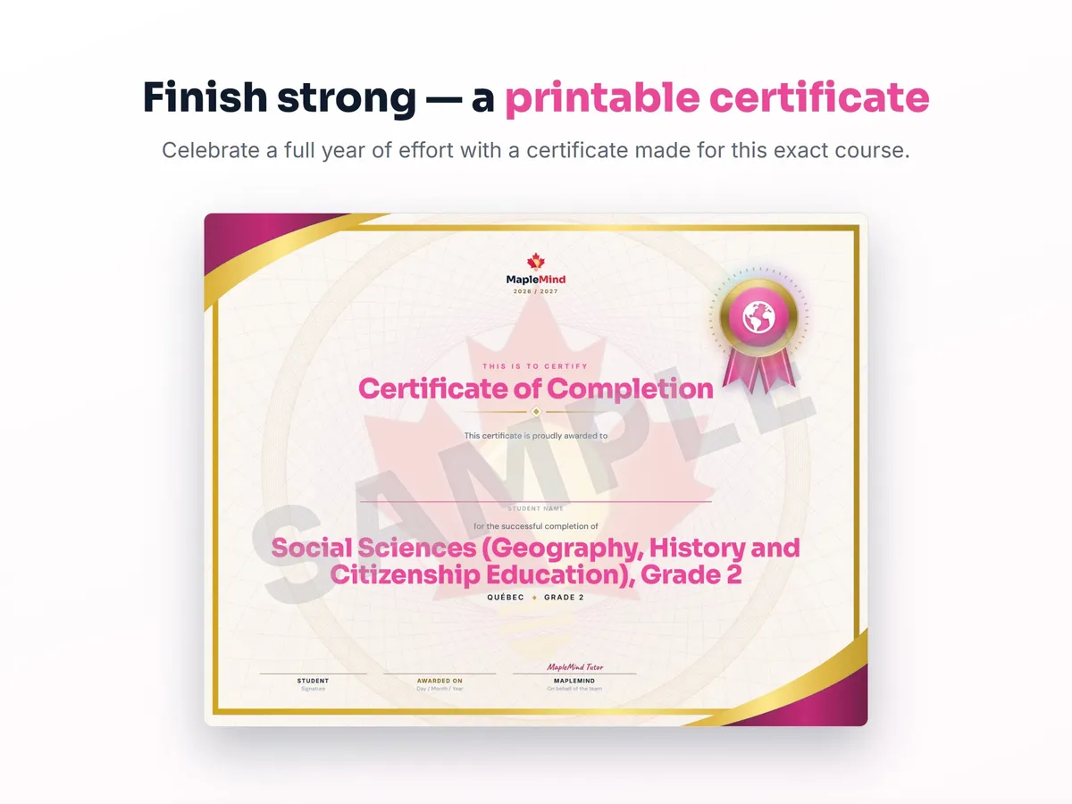 Printable certificate of completion for Social Sciences (Geography, History and Citizenship Education), Grade 2 — end of year student award