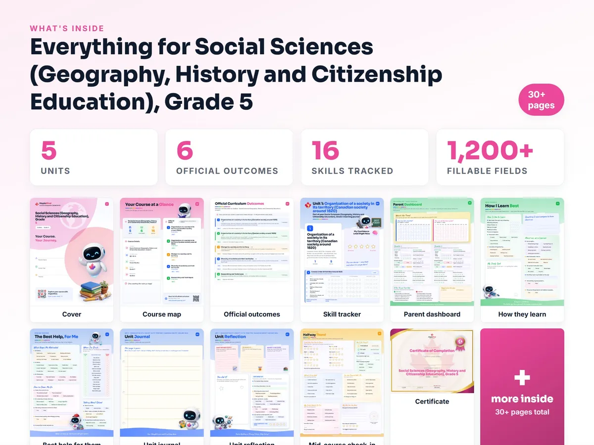 What's inside the Social Sciences (Geography, History and Citizenship Education), Grade 5 workbook — checklist, skills tracker, reflections, parent pages and certificate