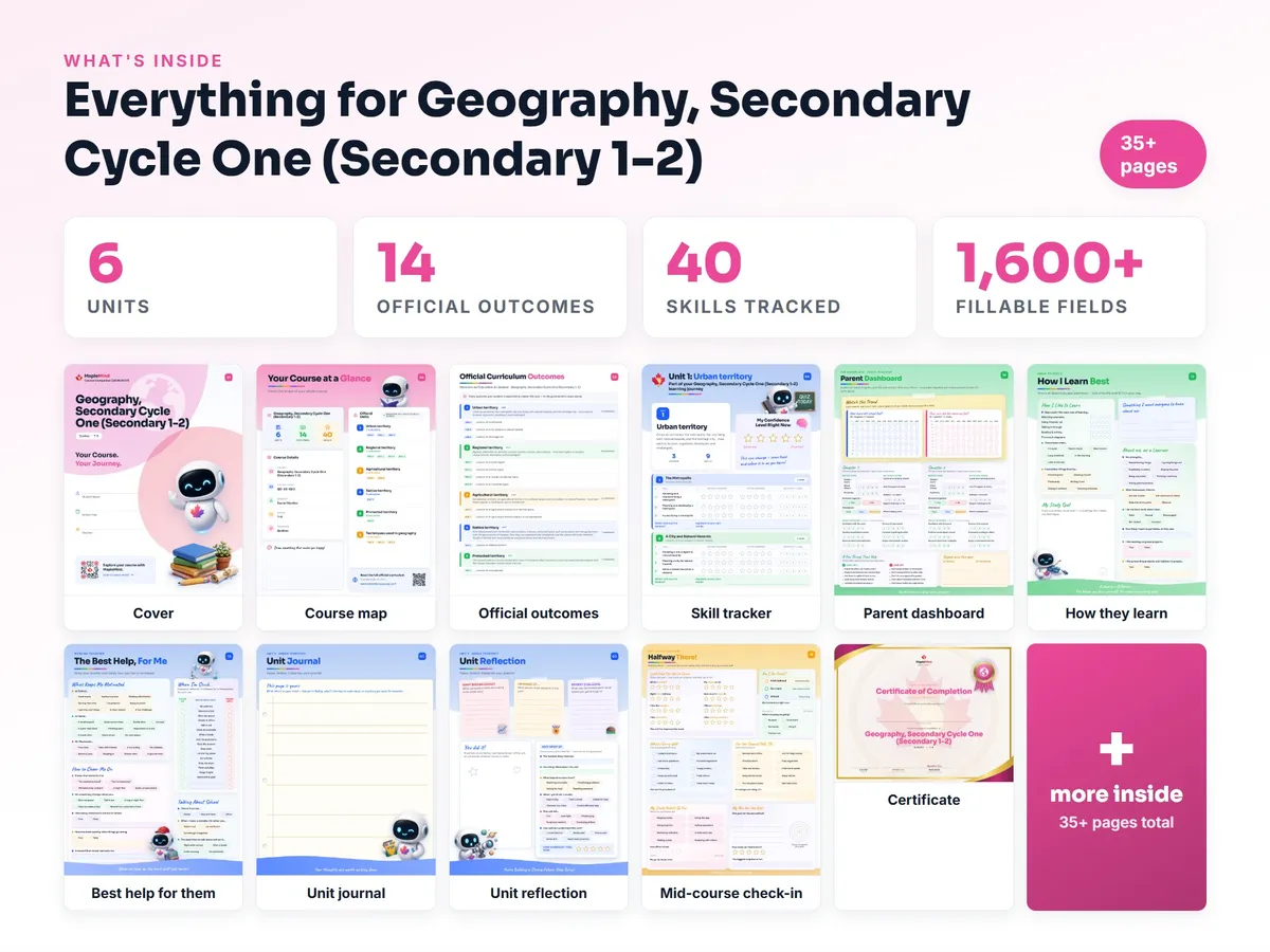 What's inside the Geography, Secondary Cycle One (Secondary 1-2) workbook — checklist, skills tracker, reflections, parent pages and certificate