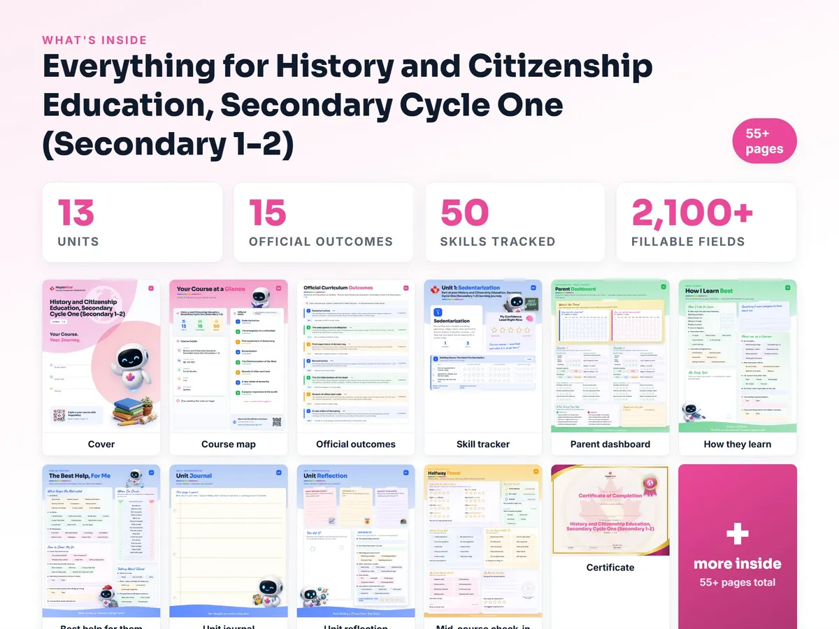 What's inside the History and Citizenship Education, Secondary Cycle One (Secondary 1-2) workbook — checklist, skills tracker, reflections, parent pages and certificate