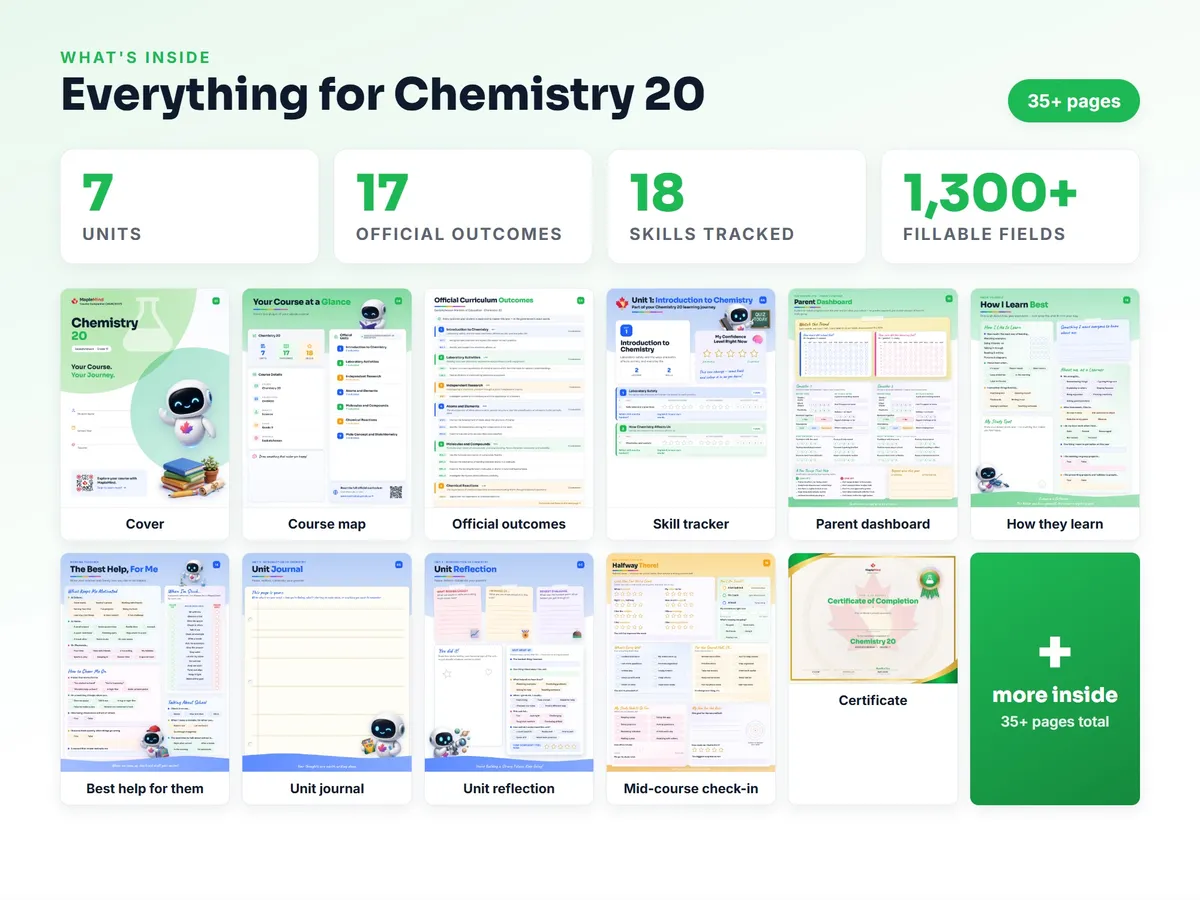 What's inside the Chemistry 20 workbook — checklist, skills tracker, reflections, parent pages and certificate