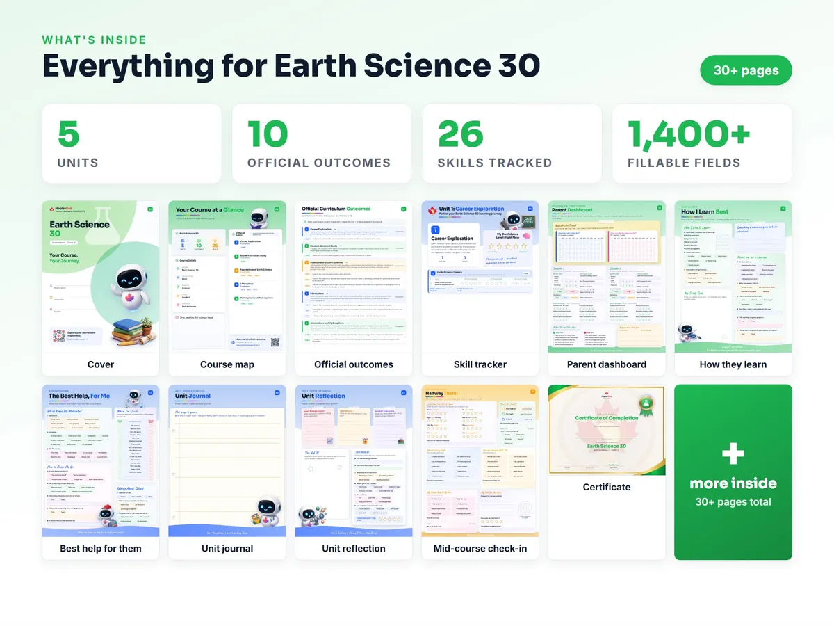 What's inside the Earth Science 30 workbook — checklist, skills tracker, reflections, parent pages and certificate