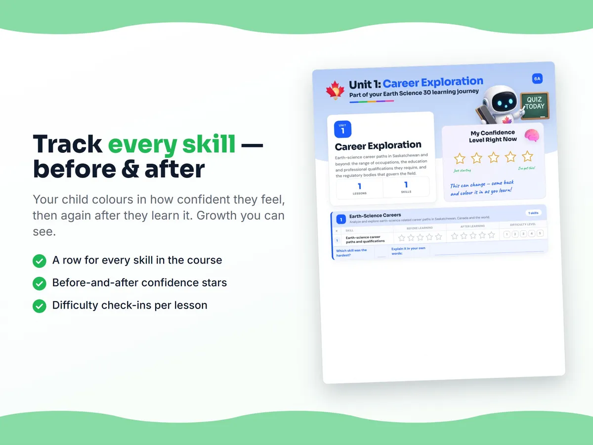 Student self-assessment tracker — before and after confidence rating for each Earth Science 30 skill