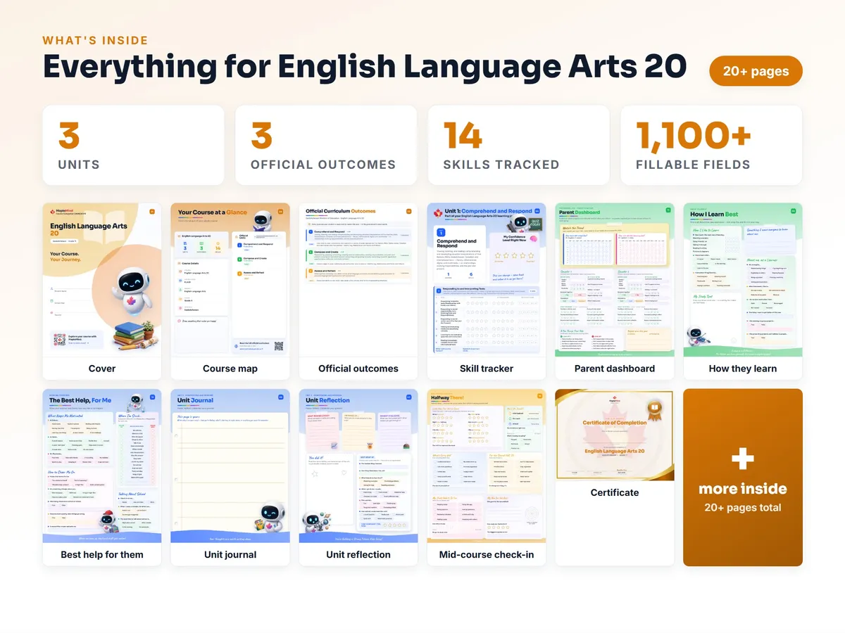 What's inside the English Language Arts 20 workbook — checklist, skills tracker, reflections, parent pages and certificate