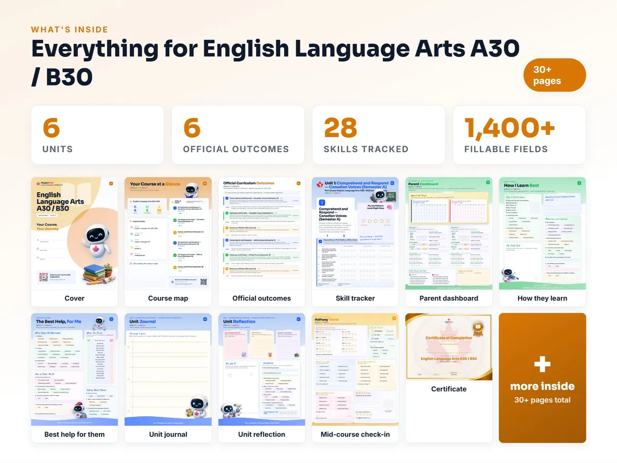 What's inside the English Language Arts A30 / B30 workbook — checklist, skills tracker, reflections, parent pages and certificate