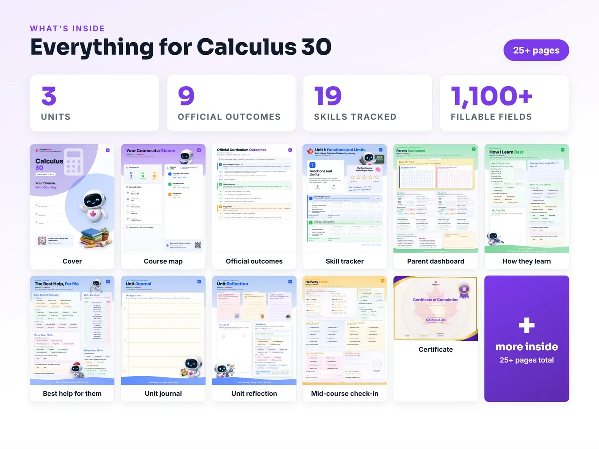 What's inside the Calculus 30 workbook — checklist, skills tracker, reflections, parent pages and certificate