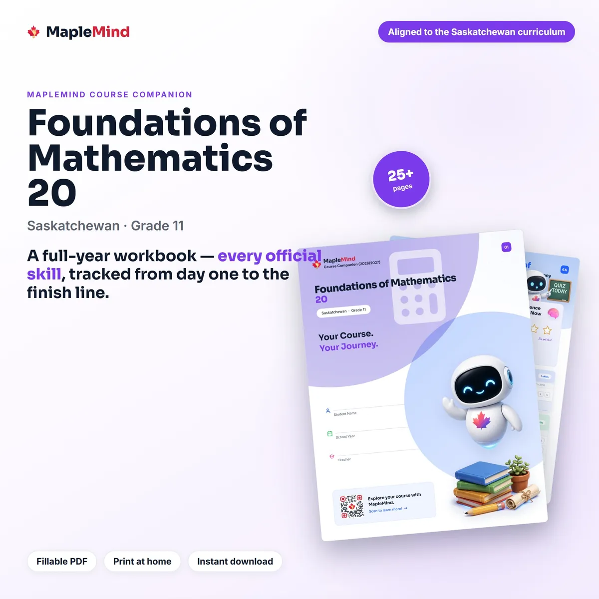 Foundations of Mathematics 20 Saskatchewan student workbook and progress tracker — fillable PDF cover