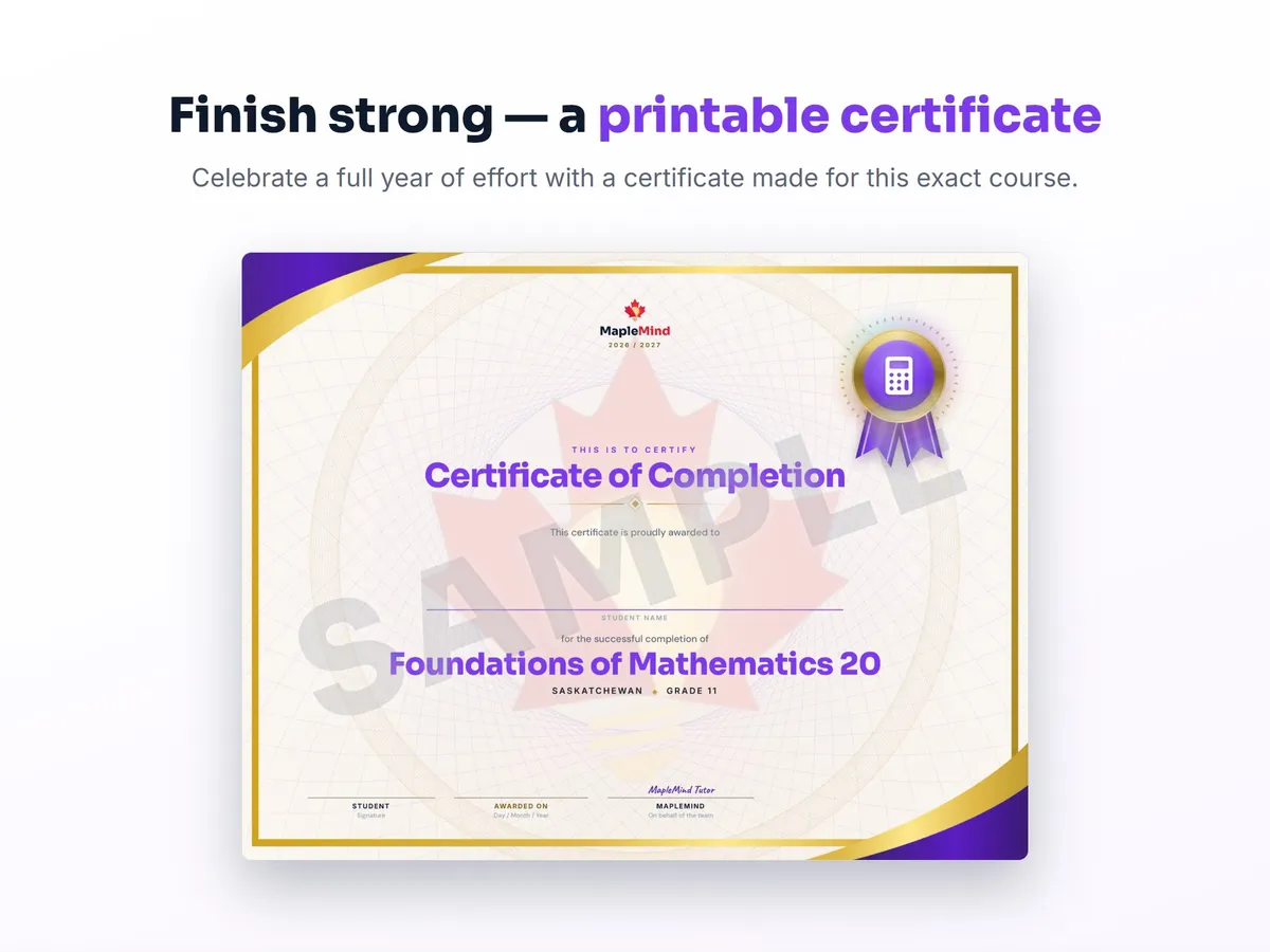 Printable certificate of completion for Foundations of Mathematics 20 — end of year student award