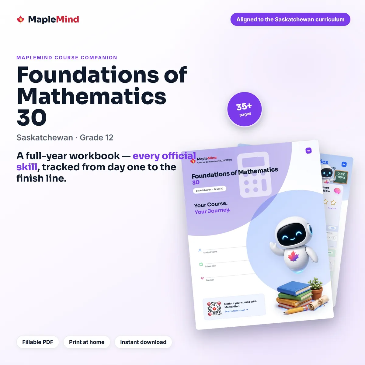 Foundations of Mathematics 30 Saskatchewan student workbook and progress tracker — fillable PDF cover