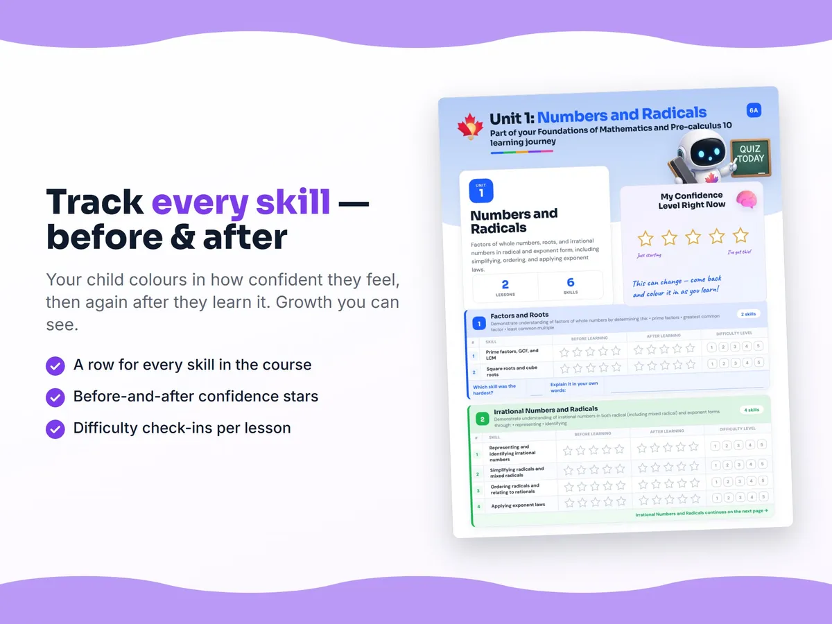Student self-assessment tracker — before and after confidence rating for each Foundations of Mathematics and Pre-calculus 10 skill