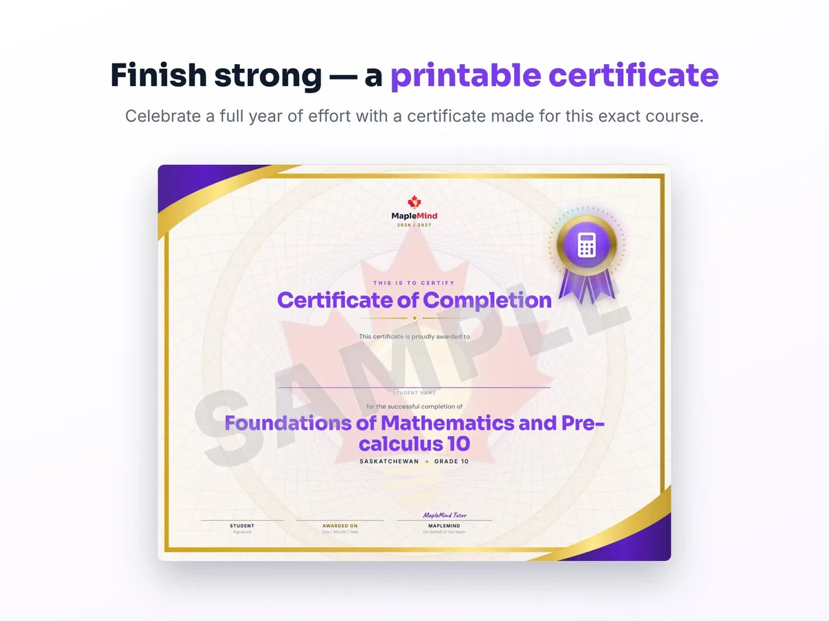 Printable certificate of completion for Foundations of Mathematics and Pre-calculus 10 — end of year student award