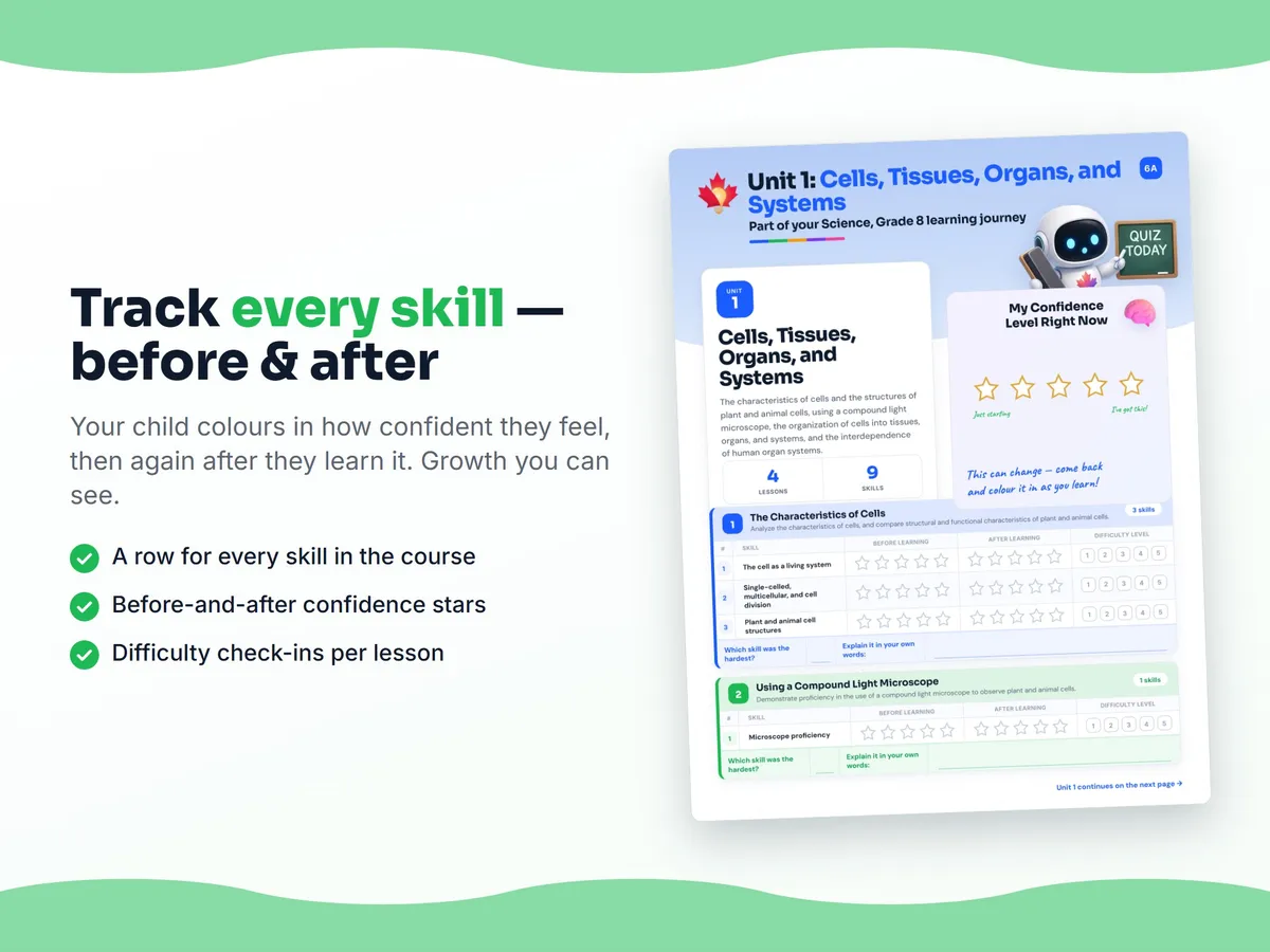 Student self-assessment tracker — before and after confidence rating for each Science, Grade 8 skill