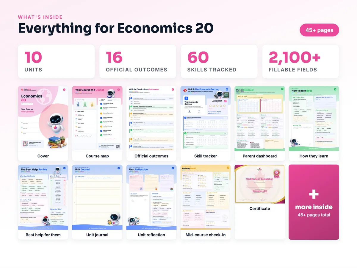 What's inside the Economics 20 workbook — checklist, skills tracker, reflections, parent pages and certificate