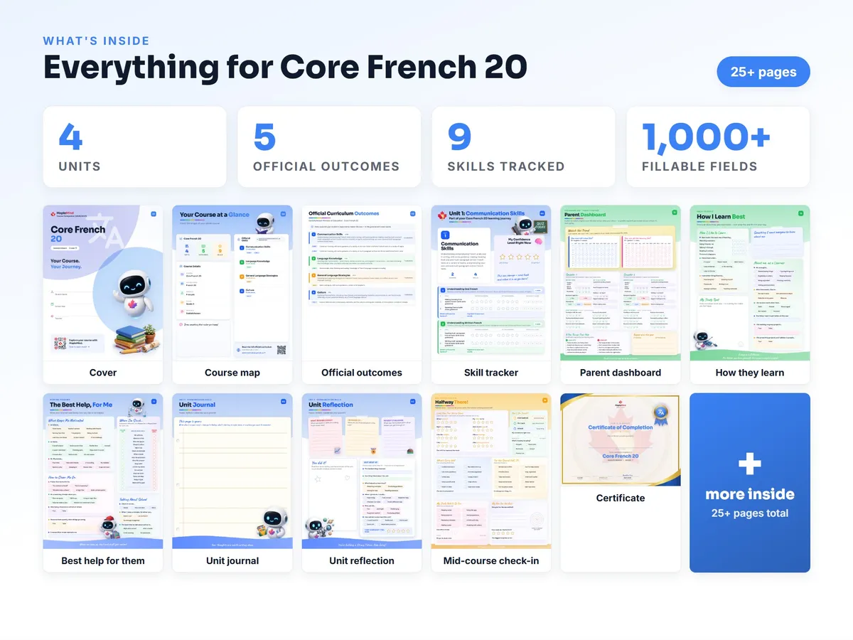 What's inside the Core French 20 workbook — checklist, skills tracker, reflections, parent pages and certificate