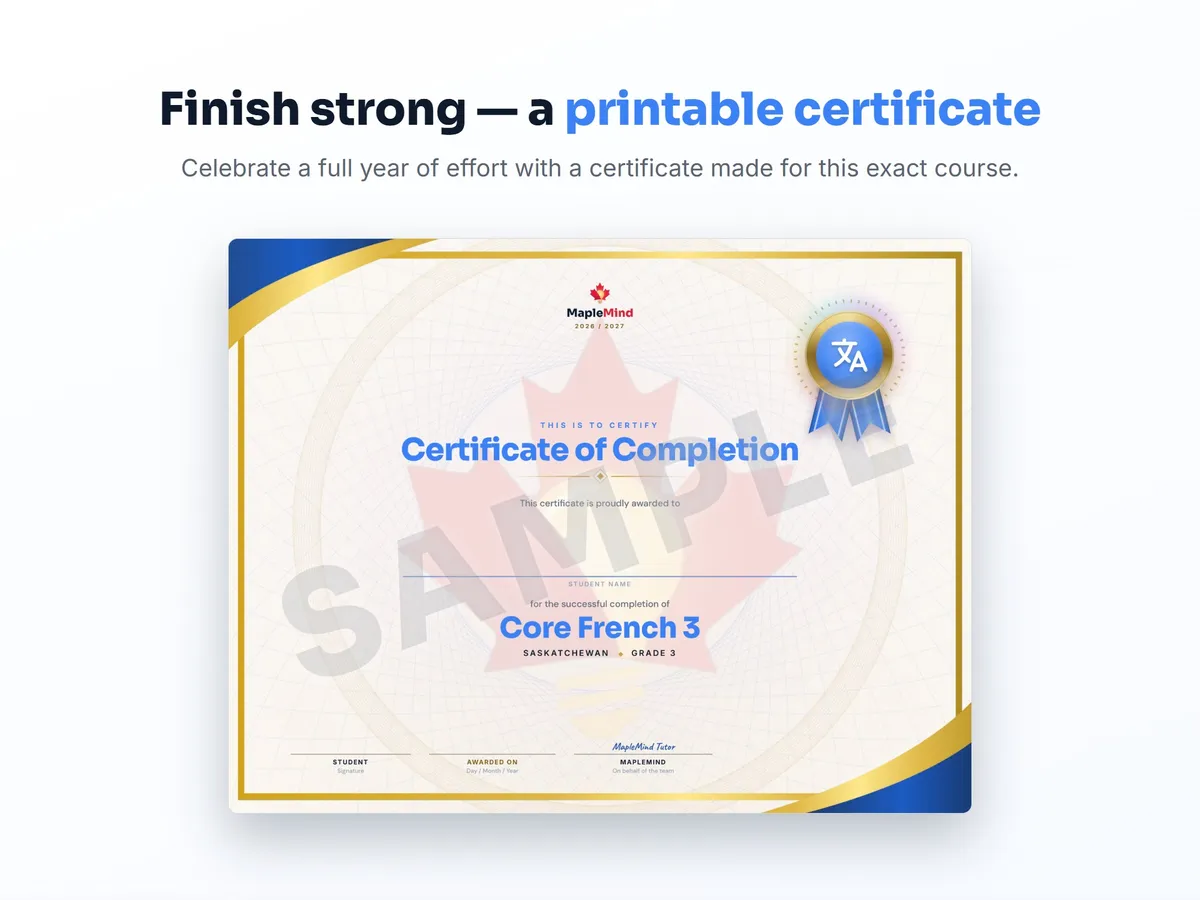 Printable certificate of completion for Core French 3 — end of year student award