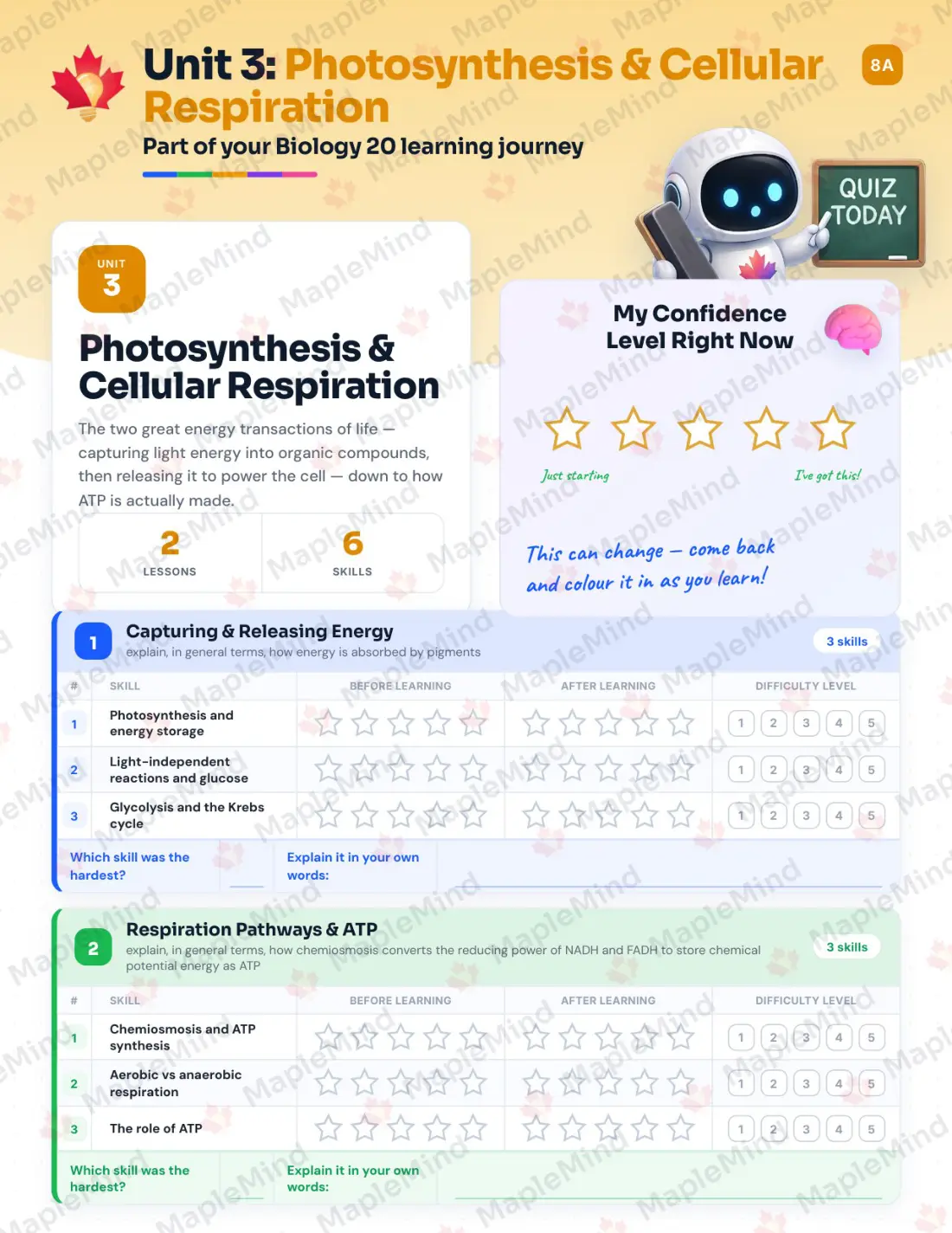Page 14 of 31 from the Biology 20 Alberta Course Companion — skills tracker with before and after self-assessment