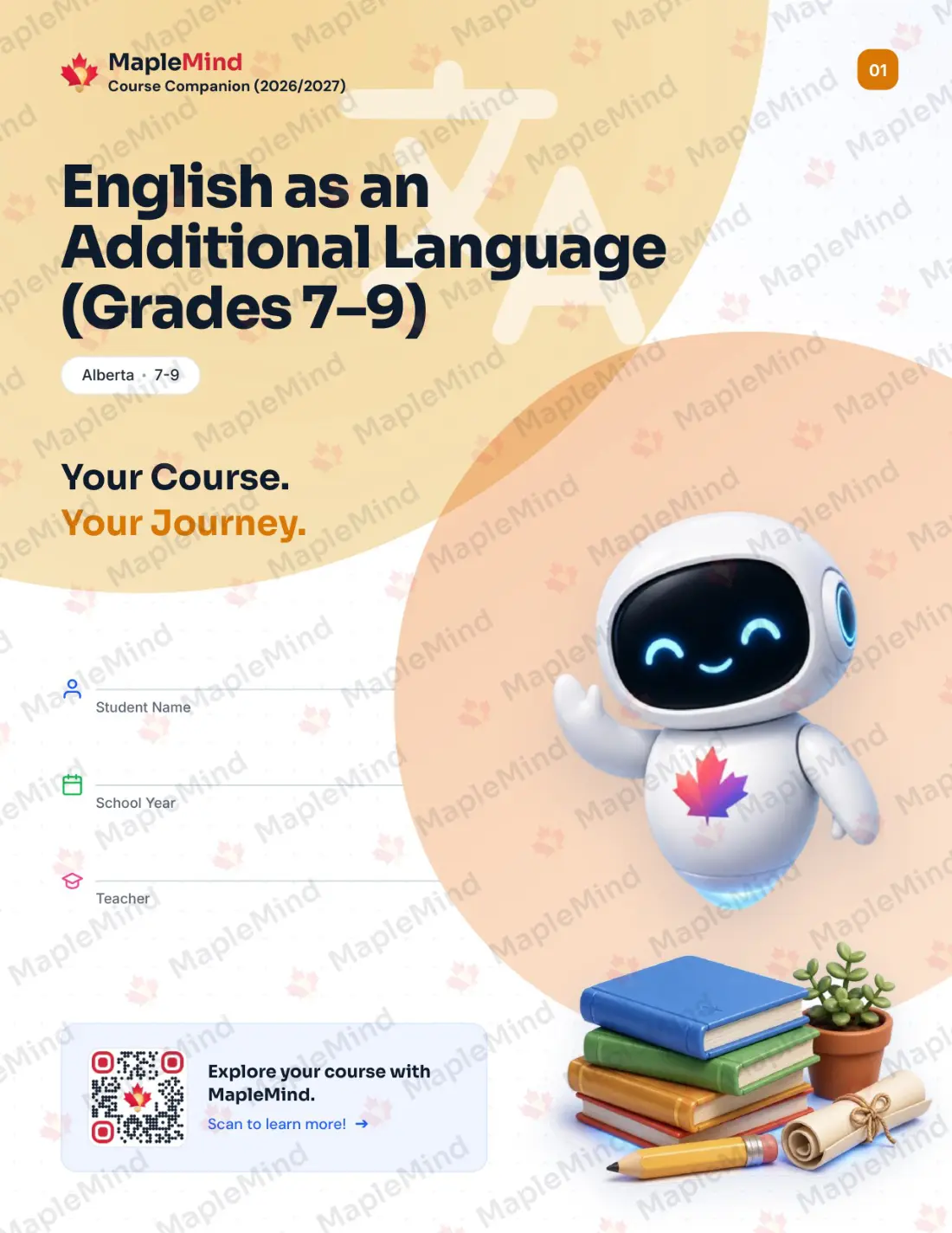 Page 1 of 34 from the English as an Additional Language (Grades 7–9) Alberta Course Companion — workbook cover
