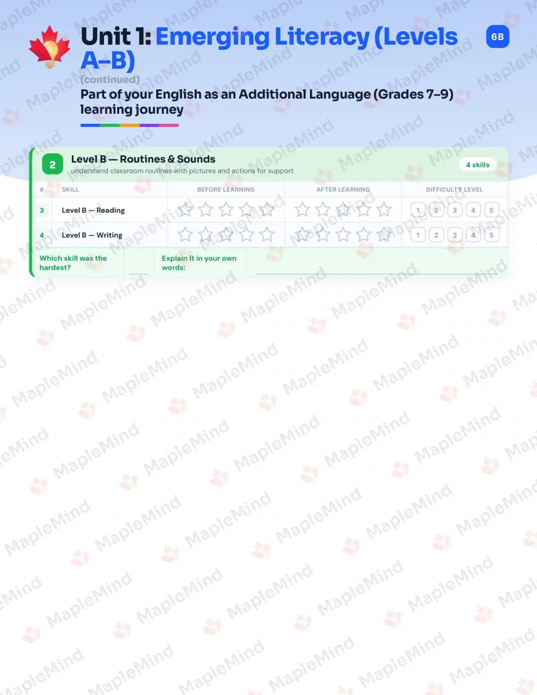 Page 7 of 34 from the English as an Additional Language (Grades 7–9) Alberta Course Companion — skills tracker with before and after self-assessment