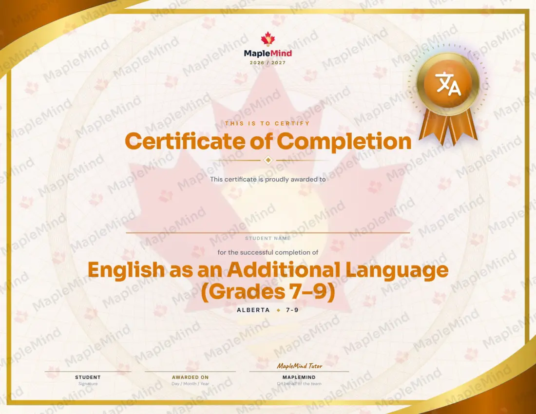 Page 34 of 34 from the English as an Additional Language (Grades 7–9) Alberta Course Companion — year in review and certificate of completion