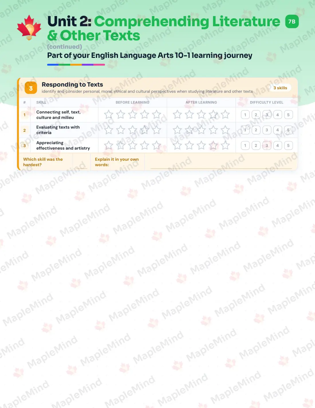 Page 10 of 29 from the English Language Arts 10-1 Alberta Course Companion — skills tracker with before and after self-assessment