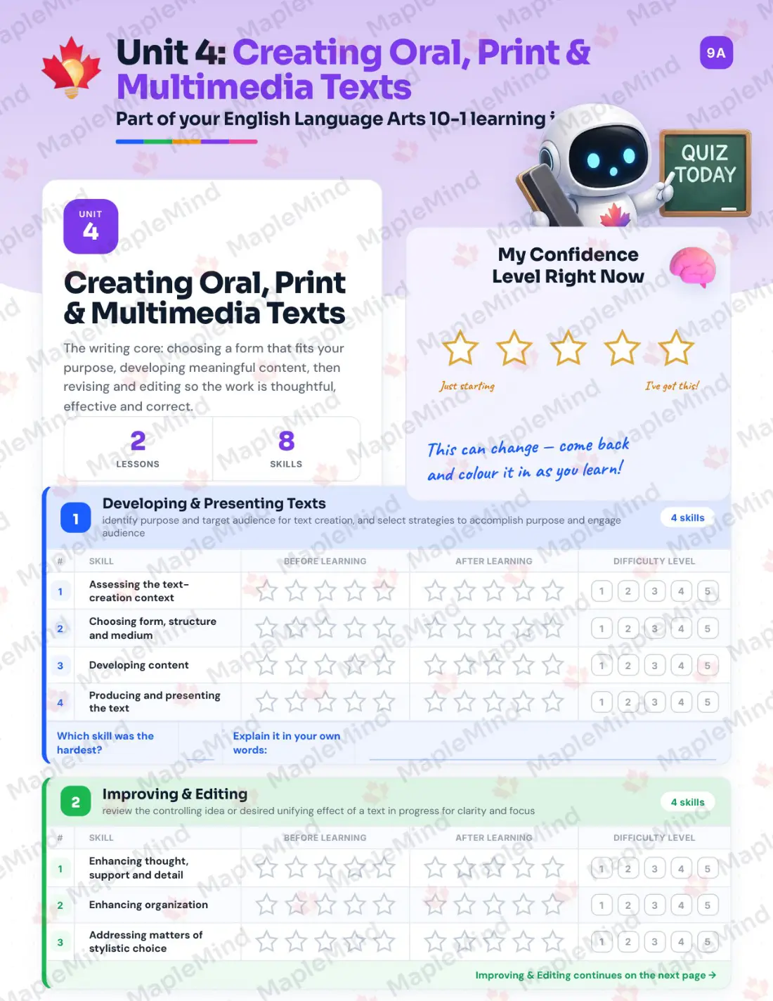 Page 16 of 29 from the English Language Arts 10-1 Alberta Course Companion — skills tracker with before and after self-assessment