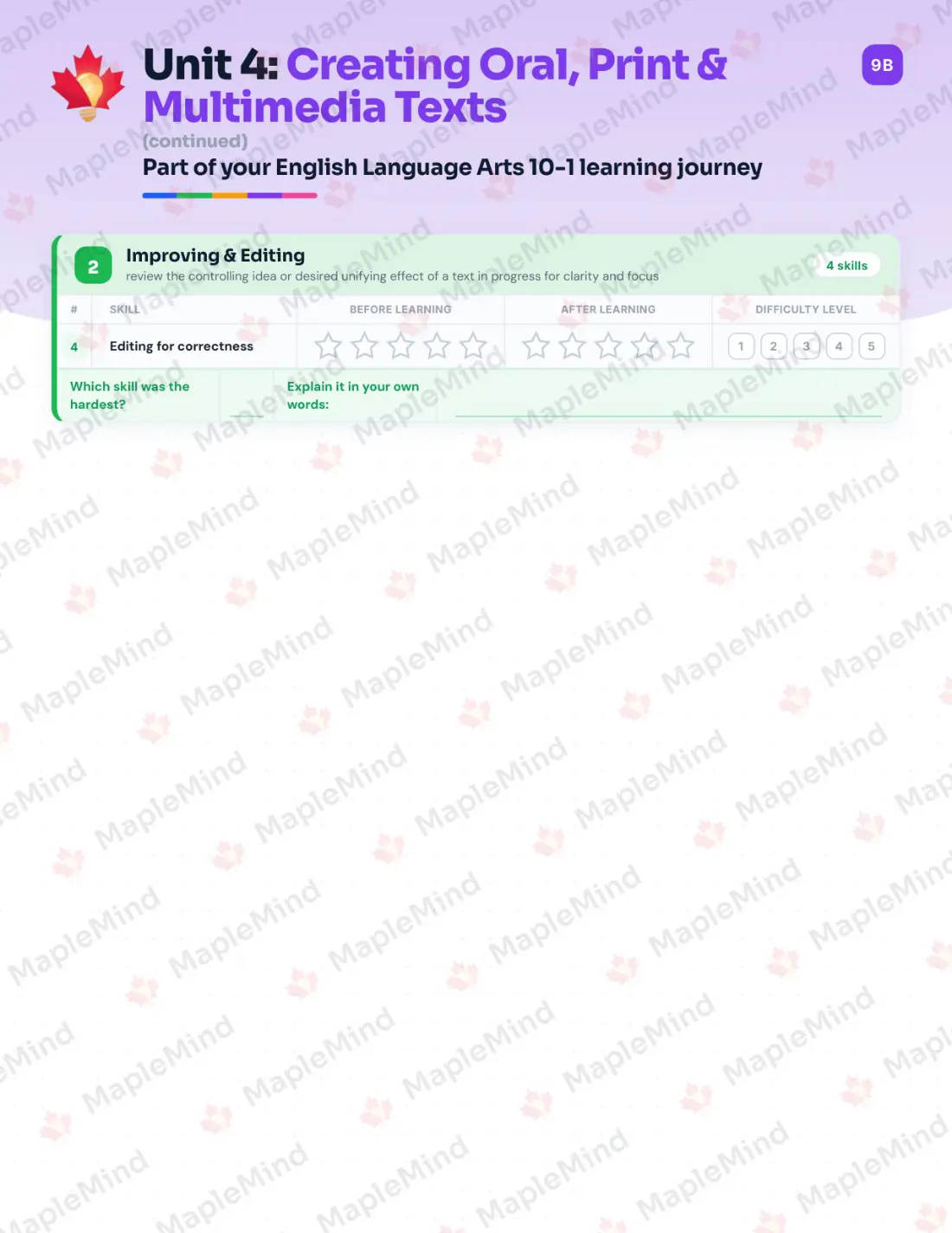 Page 17 of 29 from the English Language Arts 10-1 Alberta Course Companion — skills tracker with before and after self-assessment