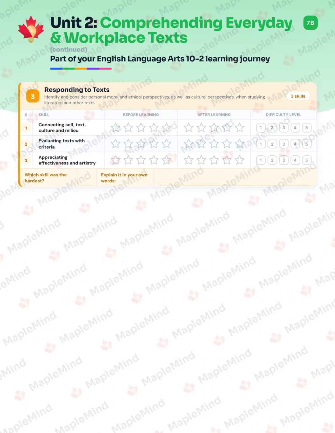 Page 10 of 29 from the English Language Arts 10-2 Alberta Course Companion — skills tracker with before and after self-assessment