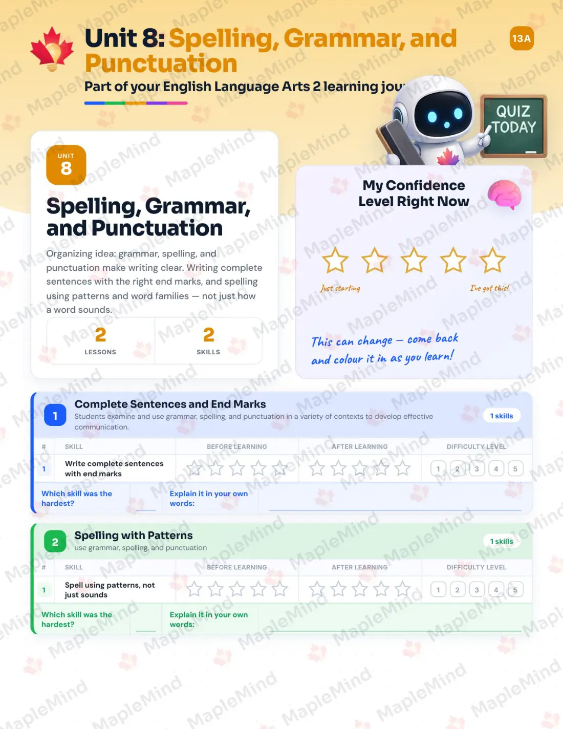 Page 28 of 43 from the English Language Arts 2 Alberta Course Companion — skills tracker with before and after self-assessment