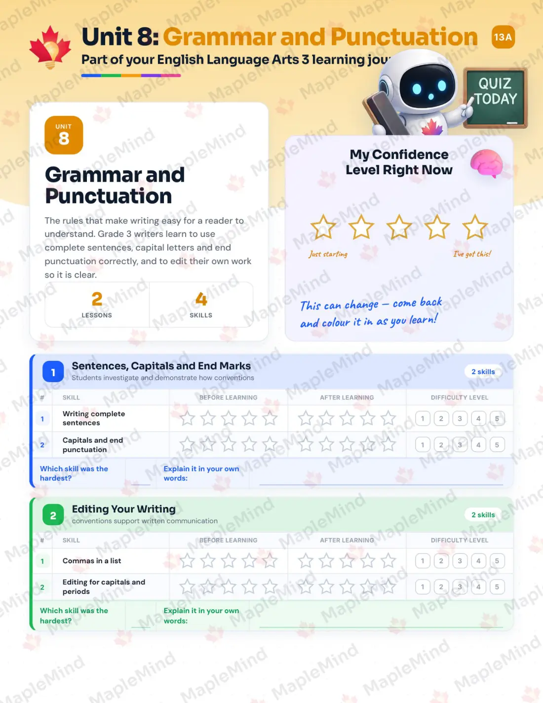 Page 29 of 41 from the English Language Arts 3 Alberta Course Companion — skills tracker with before and after self-assessment